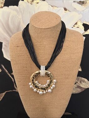 Gold and Pearl Circle Pendant Multi-Strand Black Cord Necklace